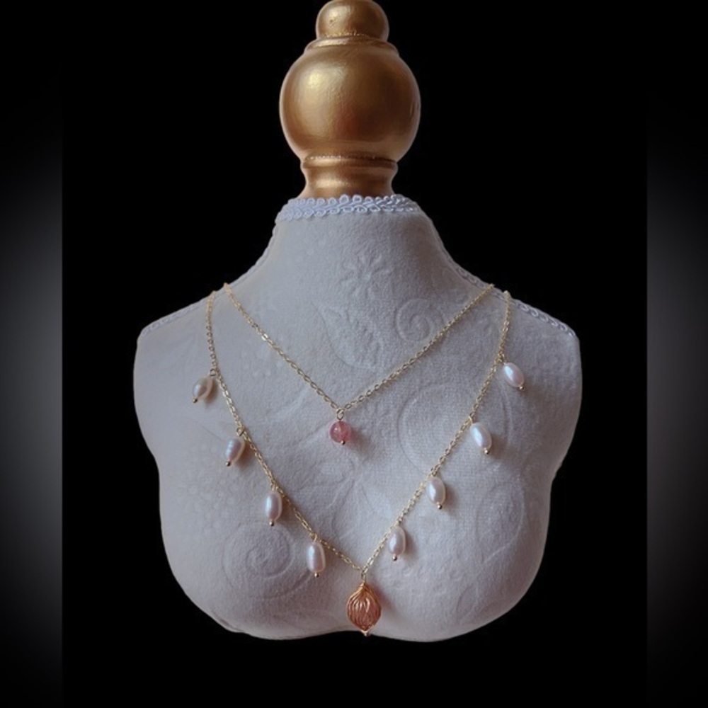 14K GP fresh water & Strawberry Quartz Necklace
